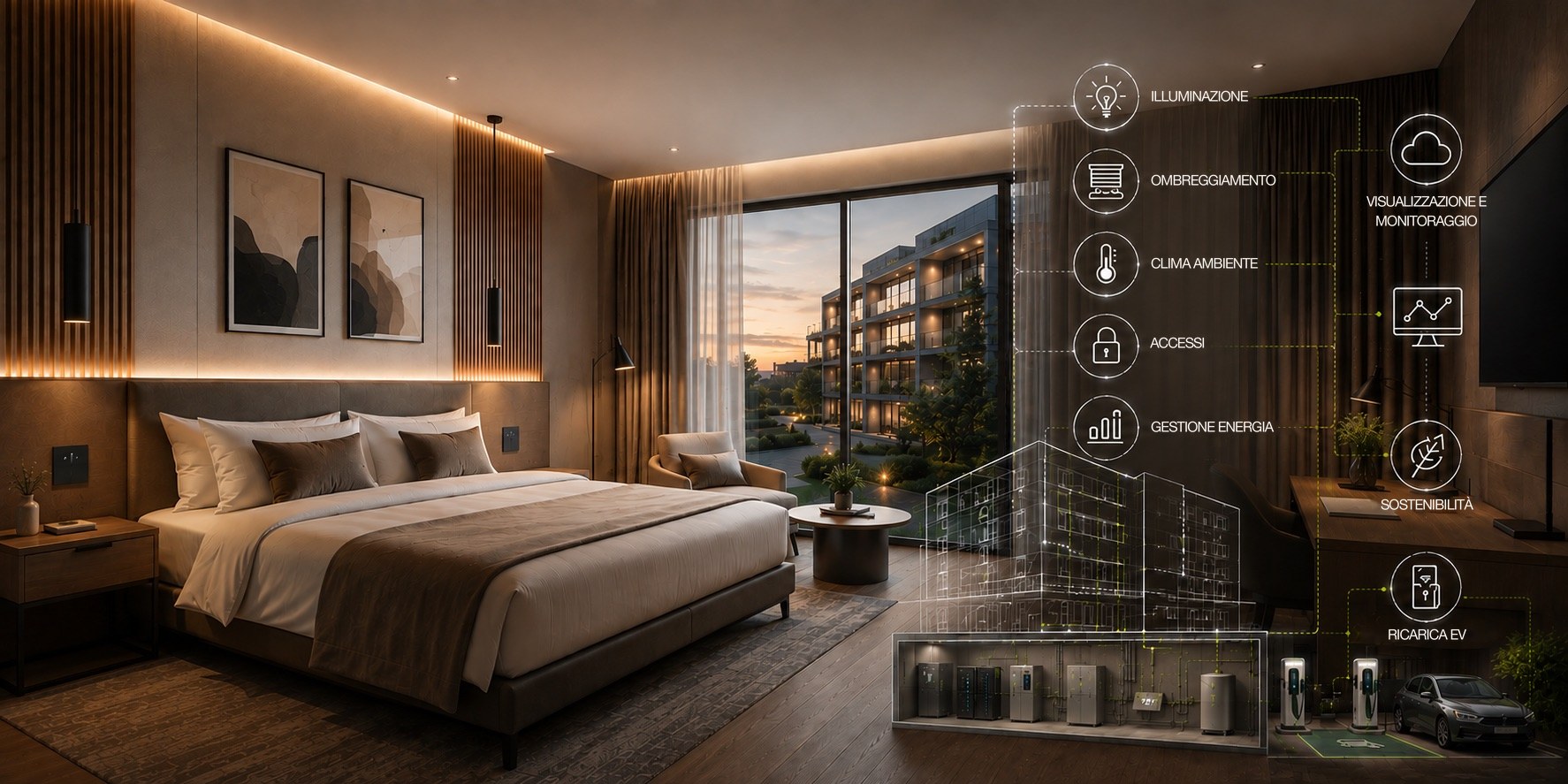 Camera d'albergo moderna con tecnologia integrata: illuminazione, ombreggiamento, clima ambiente, accessi, gestione dell'energia, visualizzazione e infrastruttura di ricarica