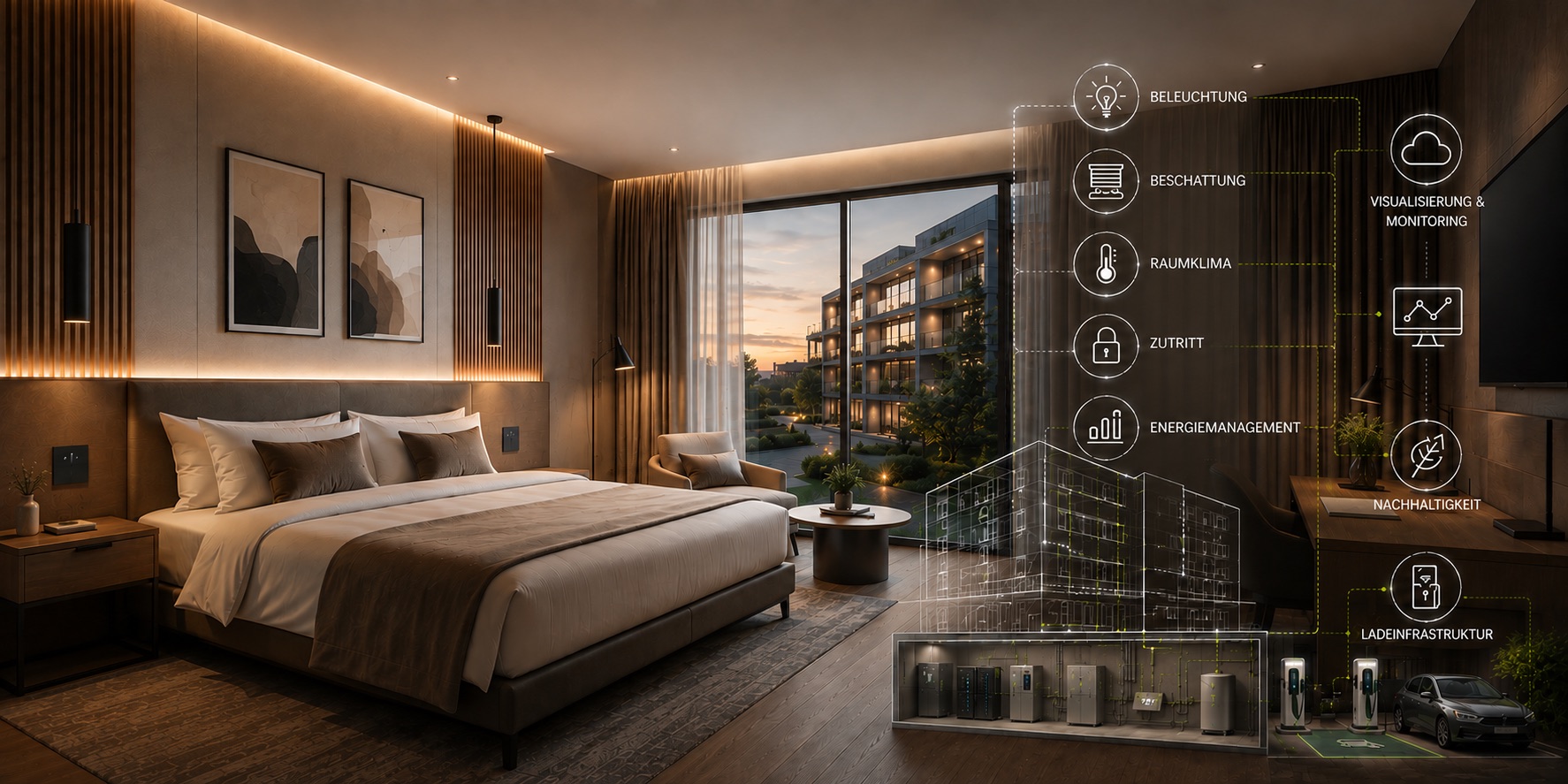 Modernes Hotelzimmer mit integrierter Gebäudetechnik: Beleuchtung, Beschattung, Raumklima, Zutritt, Energiemanagement, Visualisierung und Ladeinfrastruktur